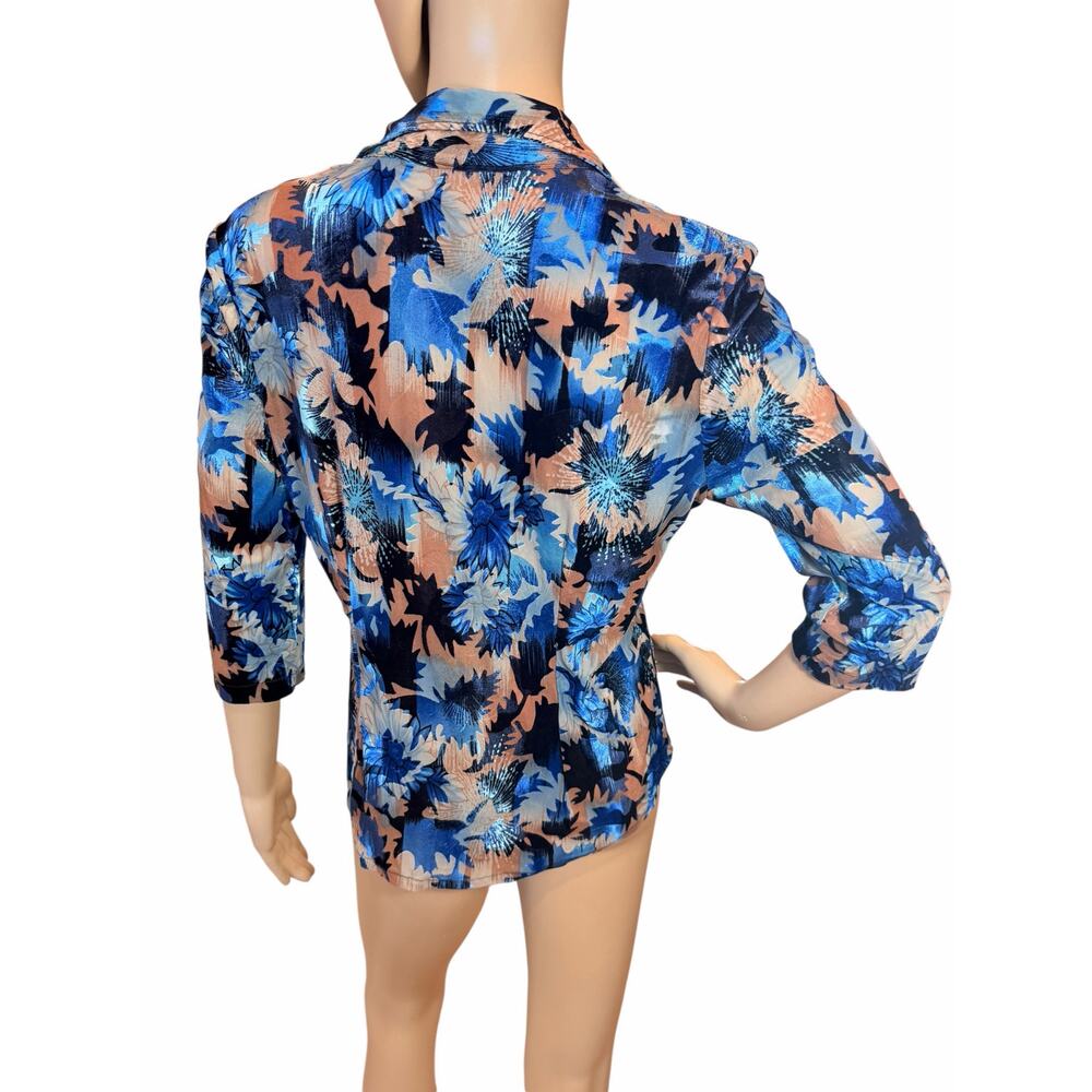 VTG 90s Velvet Burnout Blouse Small Blue Floral Sheer Boho Whimsigoth Glam Top - Picture 5 of 15